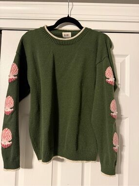 BiBi Olive Green Crewneck Sweater with Pink Shell Accents